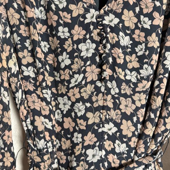 Club Monaco Silk Black Floral Print V-Neck Blouson Long Sleeve Mini Dress Sz 12 - Picture 15 of 16